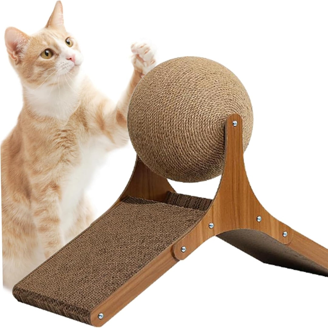 Krabpaalbal voor katten met kartonnen helling en draaiend sisalspeeltje met voet