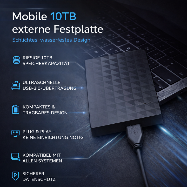 Draagbare externe harde schijf 10 TB, USB 3.0 plug-and-play opslag voor back-ups