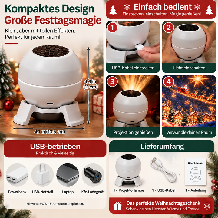 Kerstprojector nachtlampje voor muren en plafonds, USB-aangedreven feestdecoratie