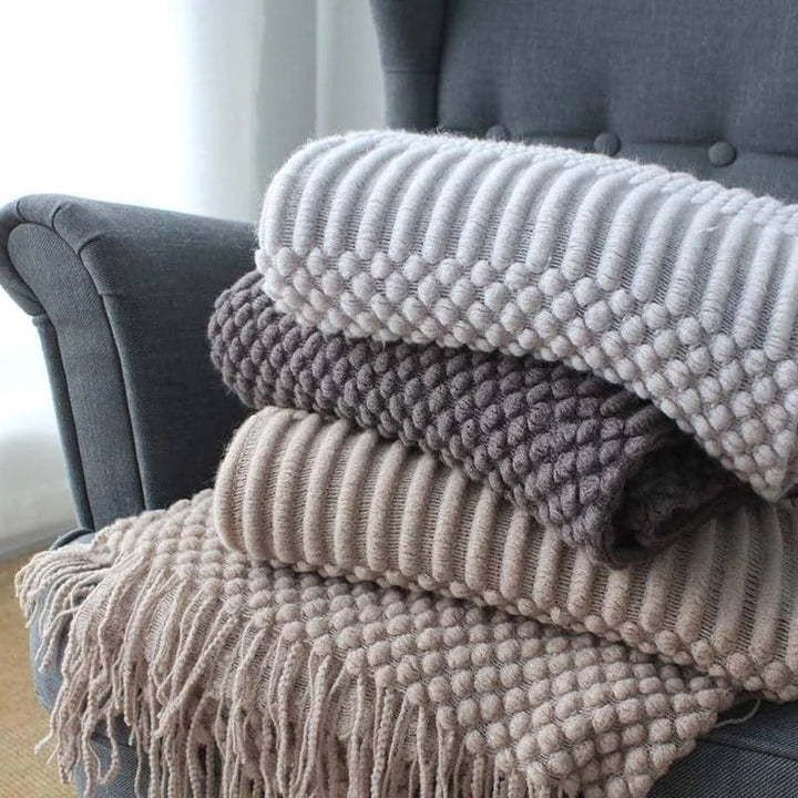 Grof gebreide plaid met franjes, popcorntextuur, superzacht polyester, bankformaat 127x170cm