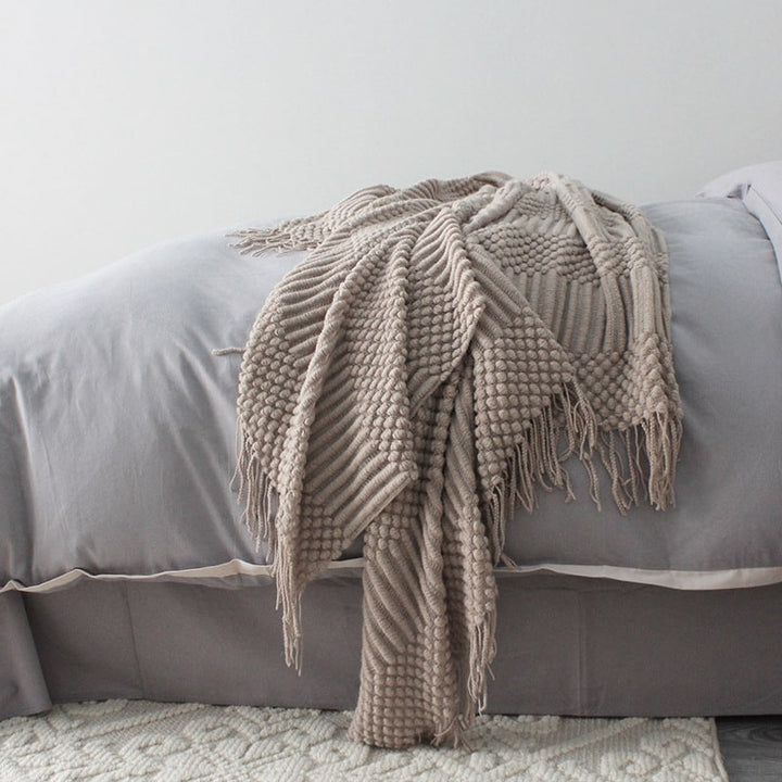 Grof gebreide plaid met franjes, popcorntextuur, superzacht polyester, bankformaat 127x170cm