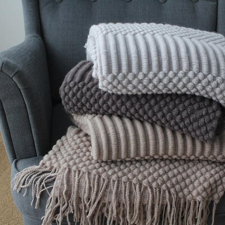Grof gebreide plaid met franjes, popcorntextuur, superzacht polyester, bankformaat 127x170cm