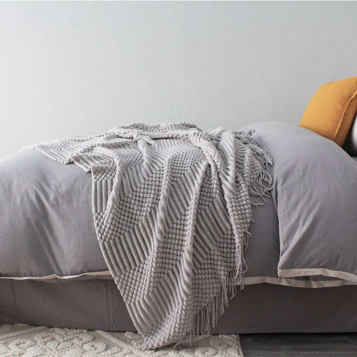 Grof gebreide plaid met franjes, popcorntextuur, superzacht polyester, bankformaat 127x170cm