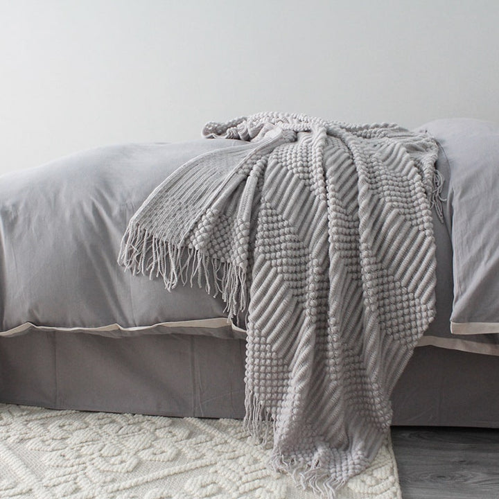 Grof gebreide plaid met franjes, popcorntextuur, superzacht polyester, bankformaat 127x170cm