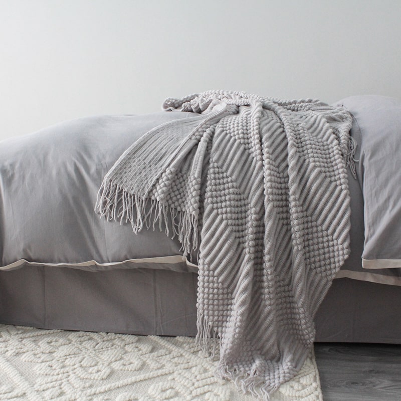 Grof gebreide plaid met franjes, popcorntextuur, superzacht polyester, bankformaat 127x170cm