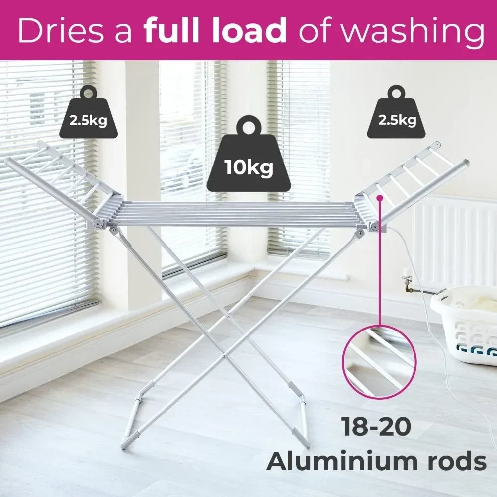 Verwarmd elektrisch droogrek met klapvleugels en aluminium frame