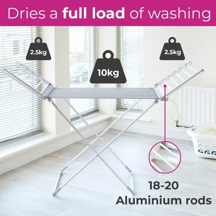 Verwarmd elektrisch droogrek met klapvleugels en aluminium frame