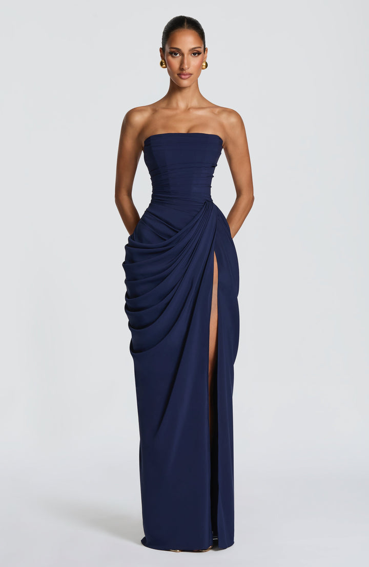 Lois strapless korset-maxi-jurk met hoge split
