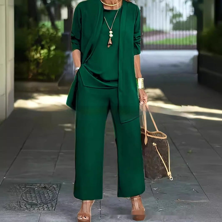 3-piece Cardigan Suit Pure Color Split Sleeveless Vest Top Long Sleeve Jacket And Wide Leg Pants Set