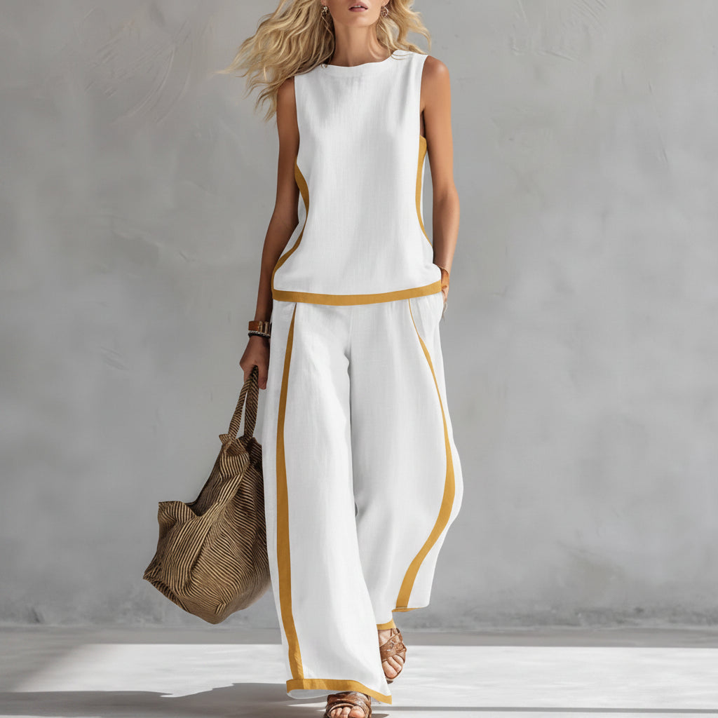 Summer Suits Round-neck Sleeveless Vest Top And High-waist Wide-leg Pants Casual Loose Set