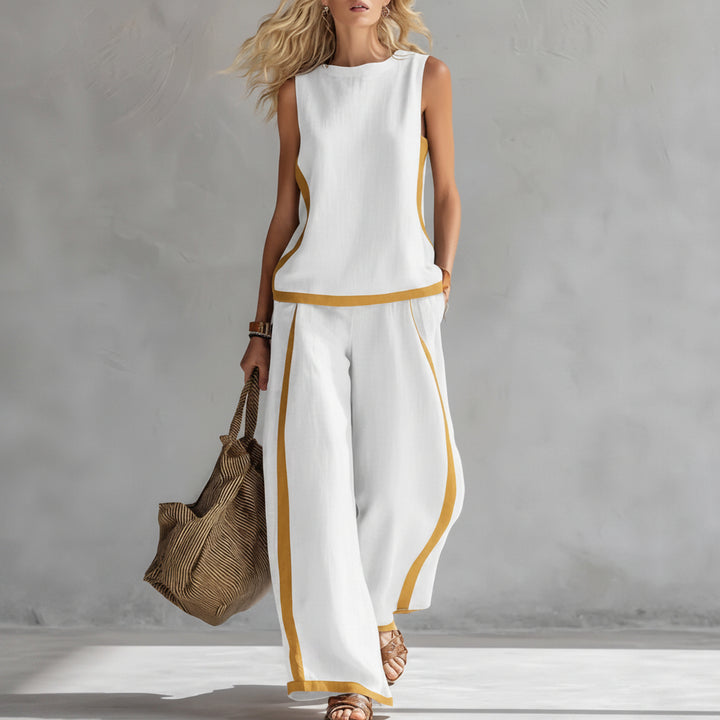 Summer Suits Round-neck Sleeveless Vest Top And High-waist Wide-leg Pants Casual Loose Set