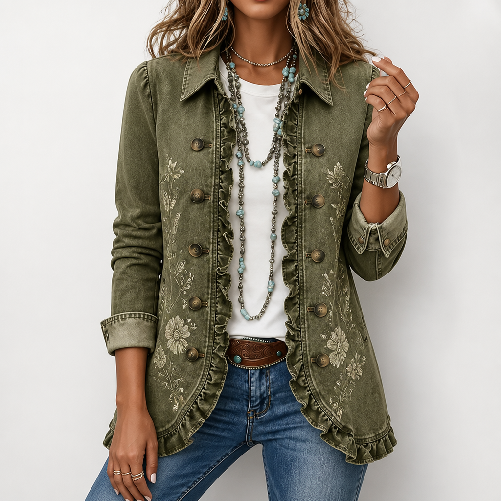 Utilityjack met bloemenborduursel – vintage boho-stijl met ruches