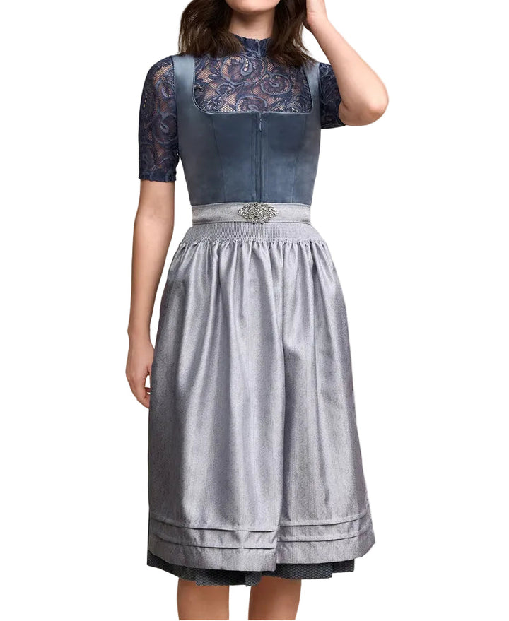 Dames dirndl met decoratieve bies, schort en geplisseerde rok