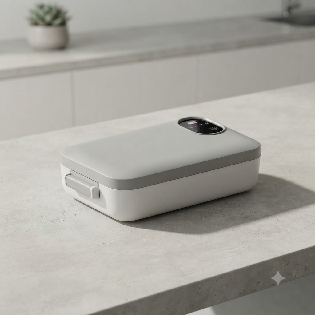 Draadloze, zelfverwarmende elektrische lunchbox met roestvrijstalen inzet.