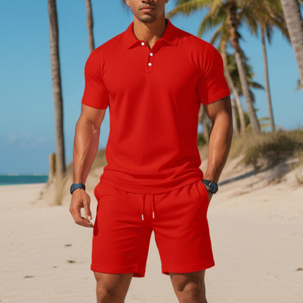 Men's Casual Beach Mesh Lapel Set Summer Comfortable Breathable Loose Solid-Color Sports Short-Sleeved Shirt And Shorts Set