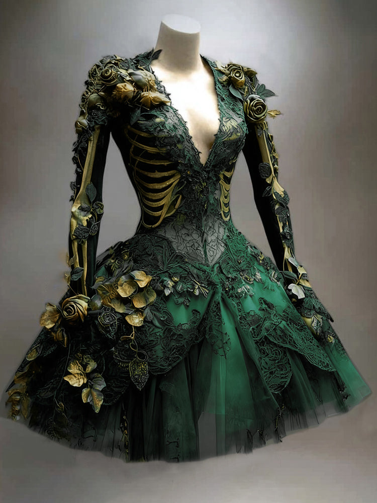 Gothic minijurk met skeletdetails en lange mouwen voor Halloween