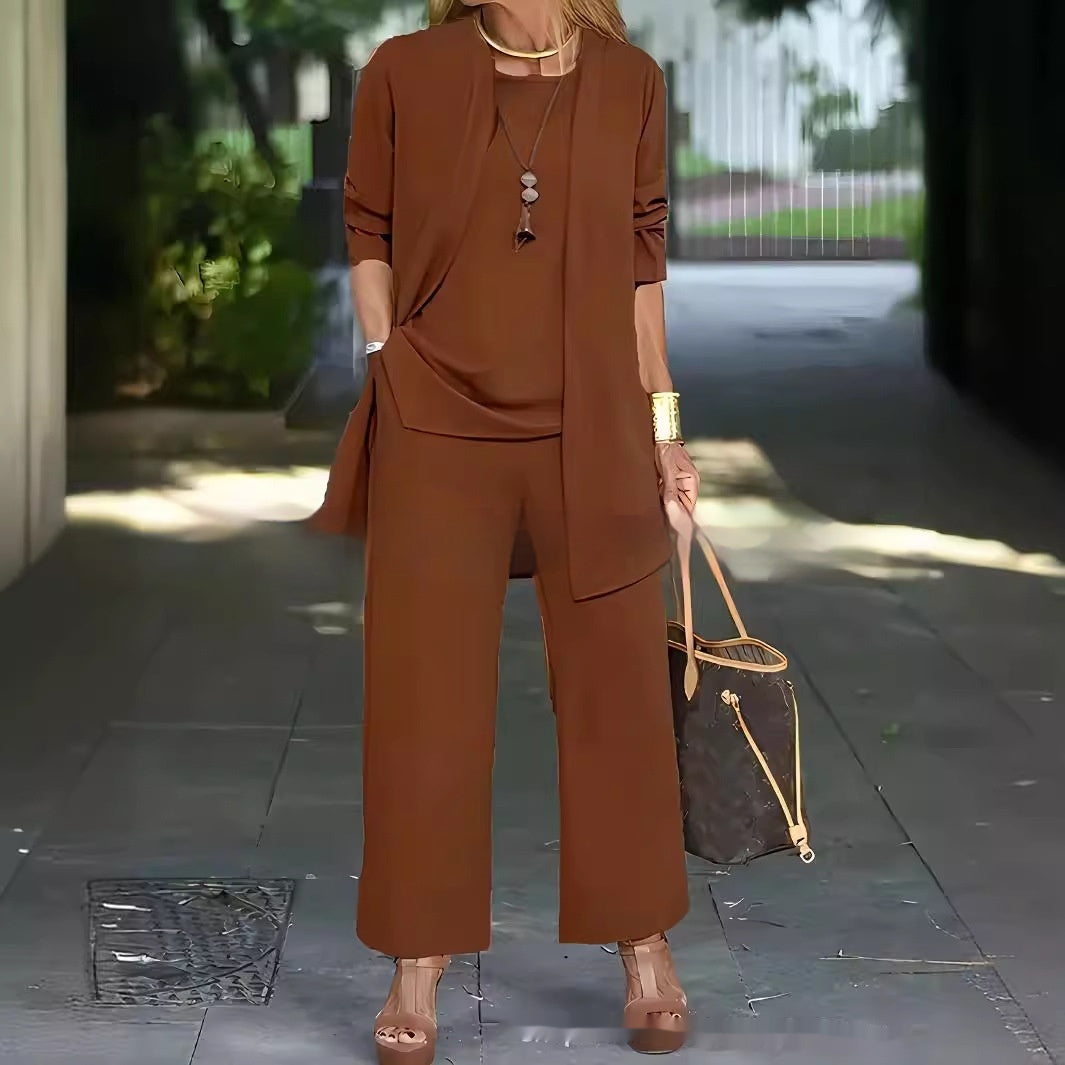 3-piece Cardigan Suit Pure Color Split Sleeveless Vest Top Long Sleeve Jacket And Wide Leg Pants Set