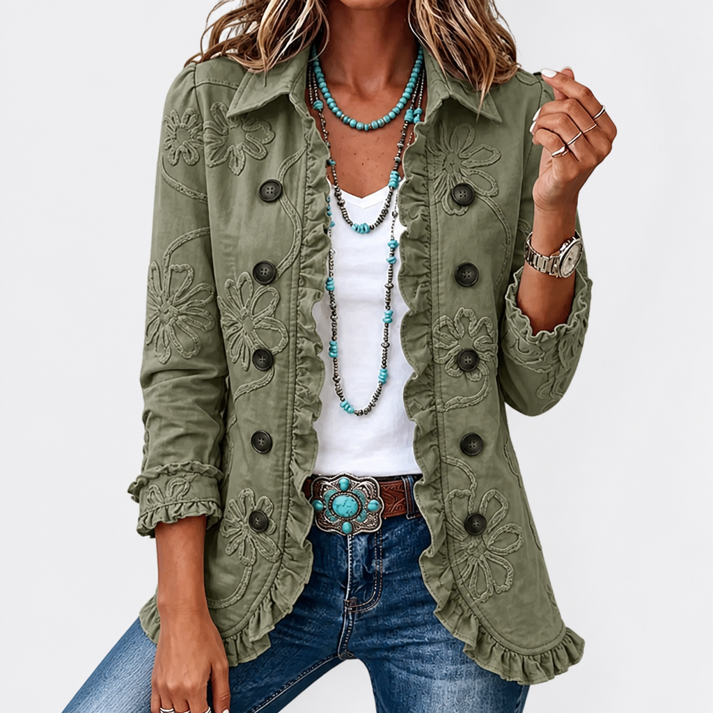 Utilityjack met bloemenborduursel – vintage boho-stijl met ruches