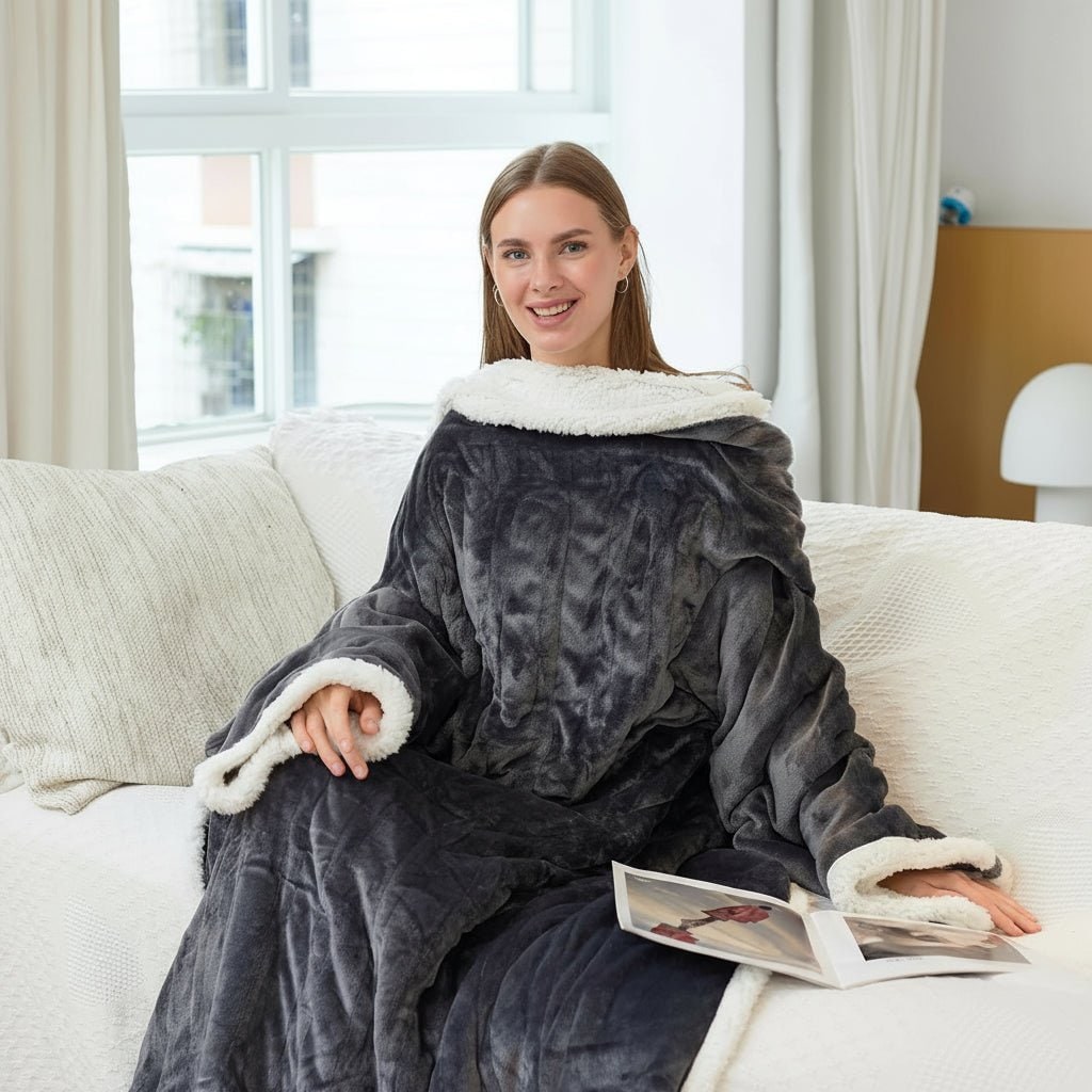 Elektrische verwarmde draagbare deken met mouwen en voetenzak, sherpa-fleece plaid