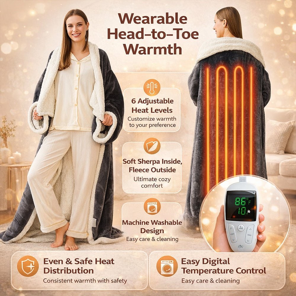 Elektrische verwarmde draagbare deken met mouwen en voetenzak, sherpa-fleece plaid