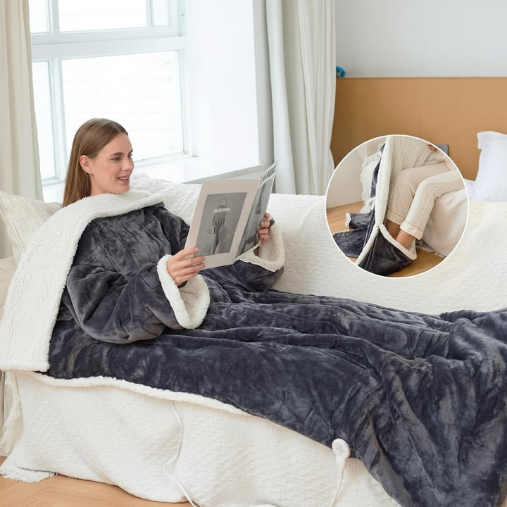 Elektrische verwarmde draagbare deken met mouwen en voetenzak, sherpa-fleece plaid