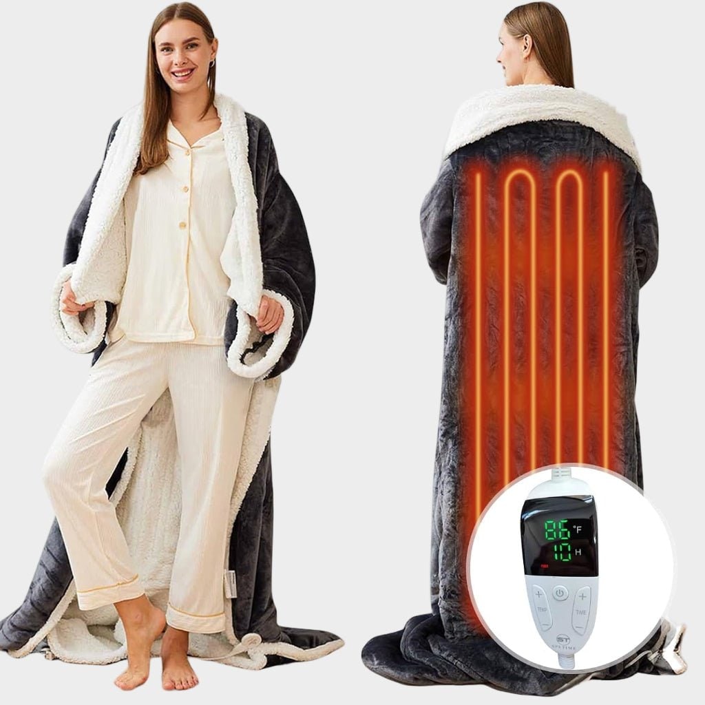 Elektrische verwarmde draagbare deken met mouwen en voetenzak, sherpa-fleece plaid