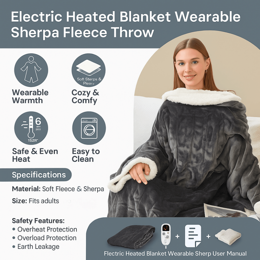 Elektrische verwarmde draagbare deken met mouwen en voetenzak, sherpa-fleece plaid