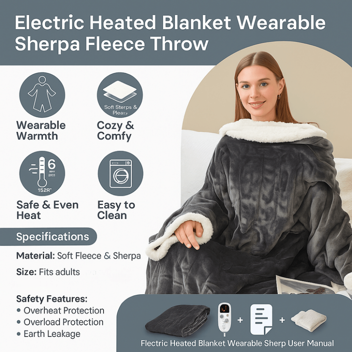 Elektrische verwarmde draagbare deken met mouwen en voetenzak, sherpa-fleece plaid