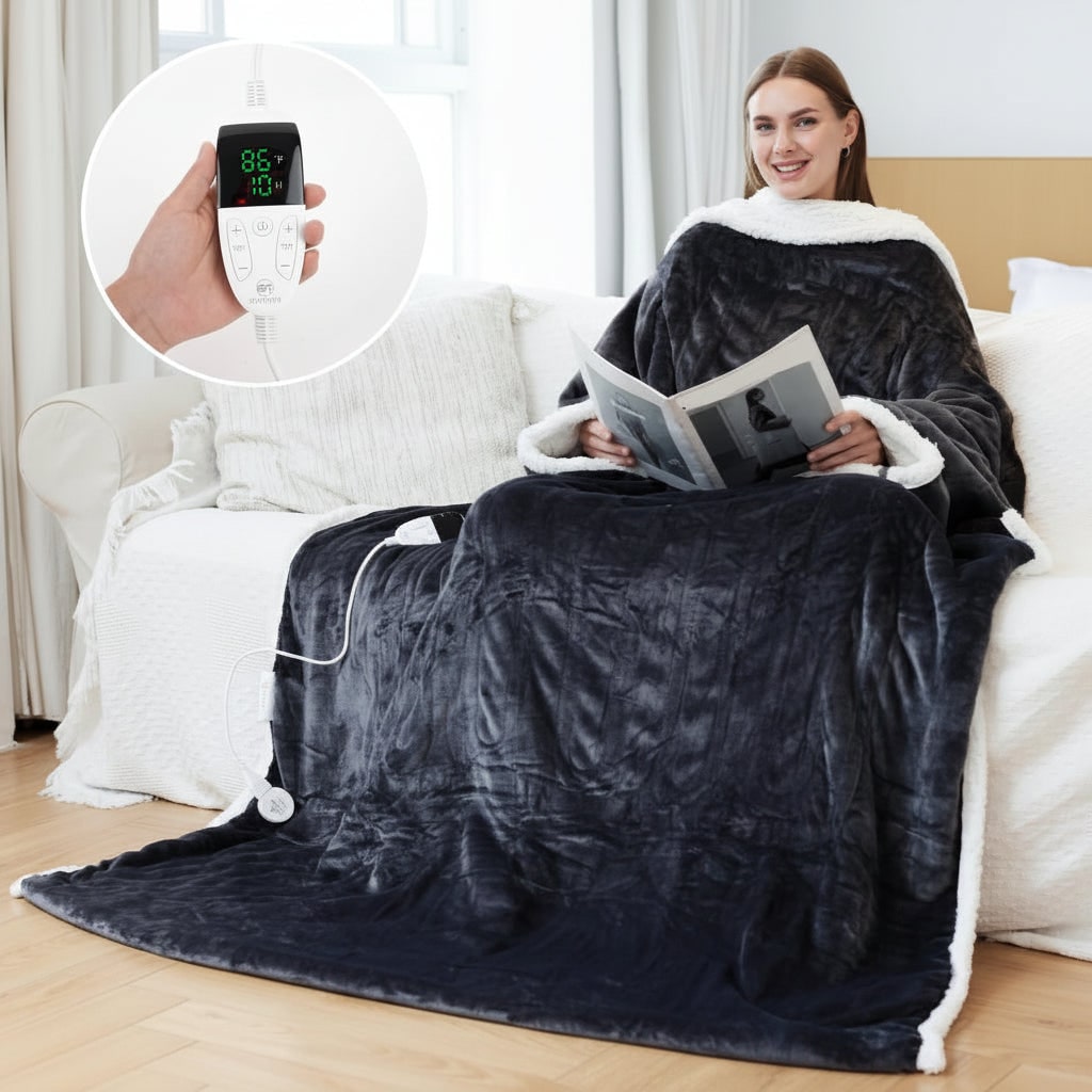Elektrische verwarmde draagbare deken met mouwen en voetenzak, sherpa-fleece plaid