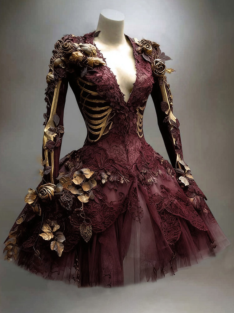 Gothic minijurk met skeletdetails en lange mouwen voor Halloween