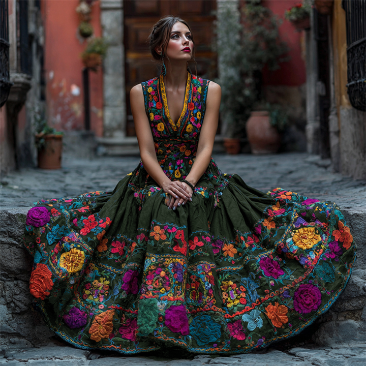 Mouwloze maxi-jurk met bloemenprint en V-hals voor feesten en bijzondere gelegenheden