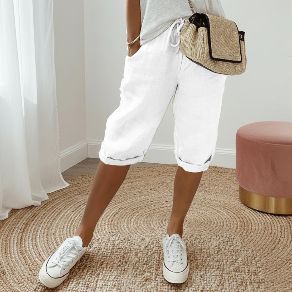 Women's Cotton And Linen Pocket Elastic Casual Shorts