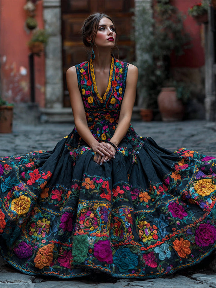 Mouwloze maxi-jurk met bloemenprint en V-hals voor feesten en bijzondere gelegenheden