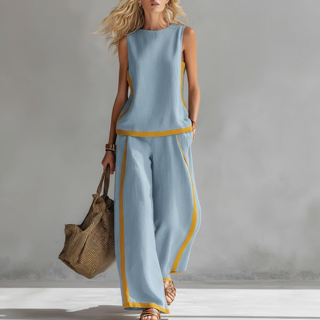 Summer Suits Round-neck Sleeveless Vest Top And High-waist Wide-leg Pants Casual Loose Set