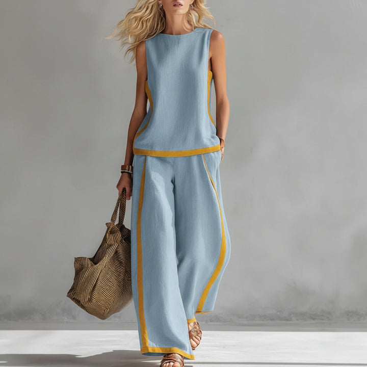 Summer Suits Round-neck Sleeveless Vest Top And High-waist Wide-leg Pants Casual Loose Set