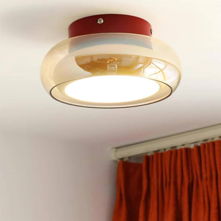Opbouw plafondlamp met amberkleurige glazen kap en geïntegreerde LED, vintage