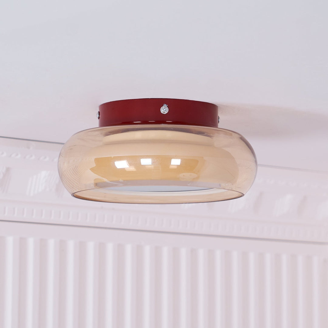 Opbouw plafondlamp met amberkleurige glazen kap en geïntegreerde LED, vintage