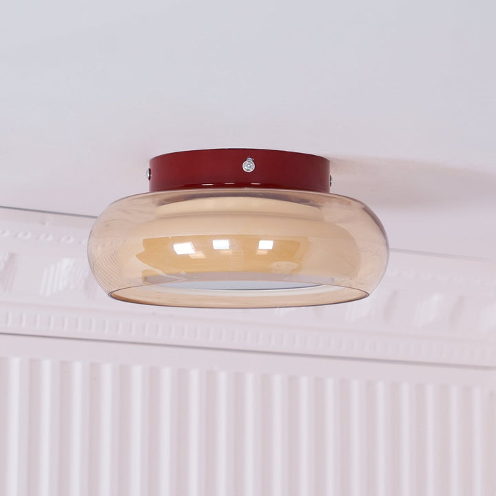 Opbouw plafondlamp met amberkleurige glazen kap en geïntegreerde LED, vintage