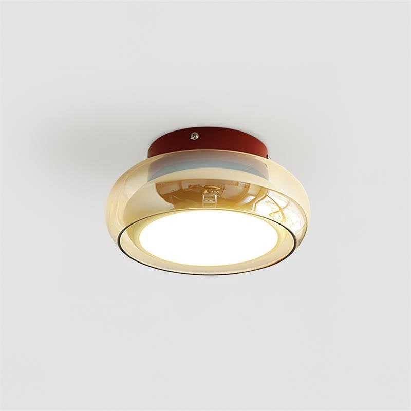 Opbouw plafondlamp met amberkleurige glazen kap en geïntegreerde LED, vintage