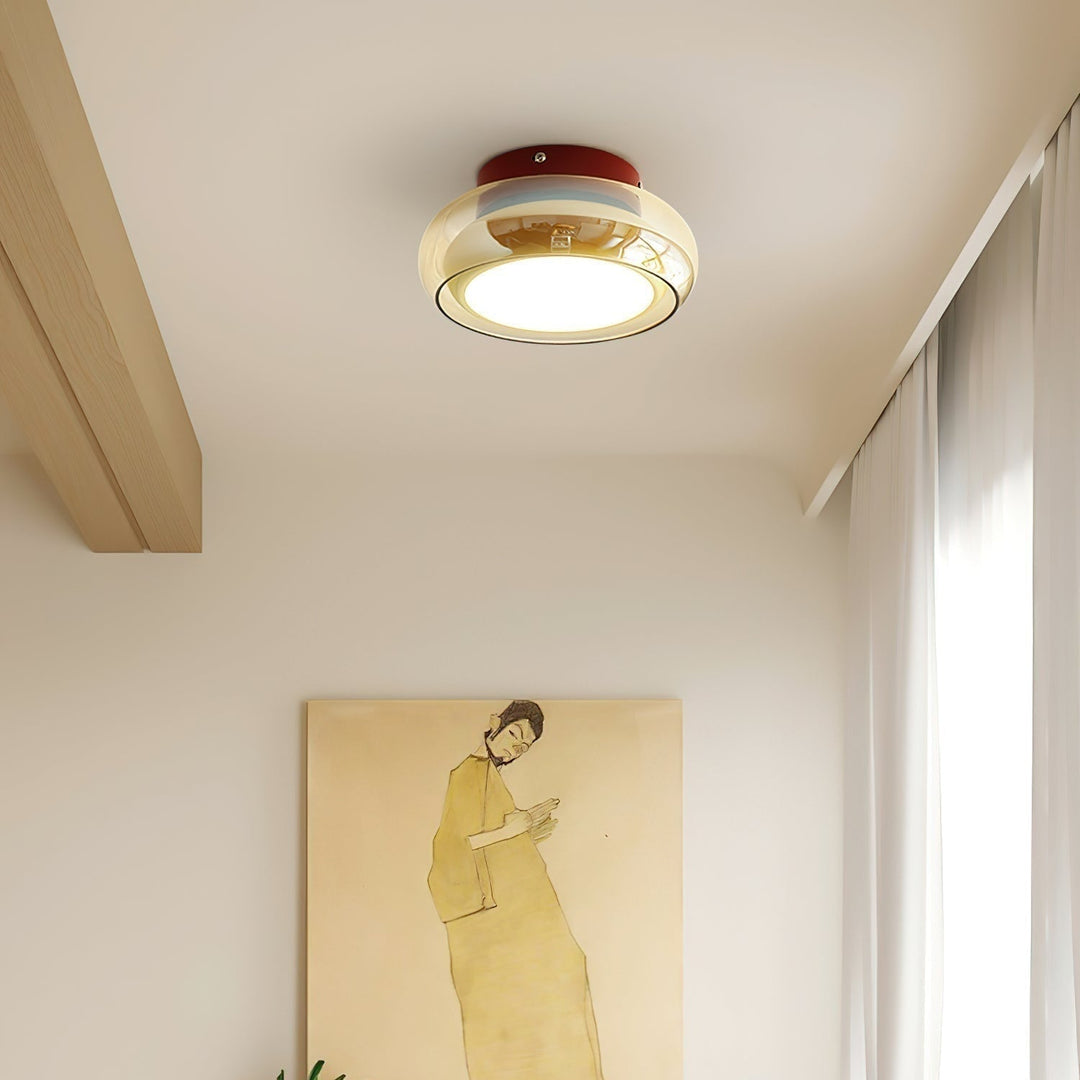 Opbouw plafondlamp met amberkleurige glazen kap en geïntegreerde LED, vintage