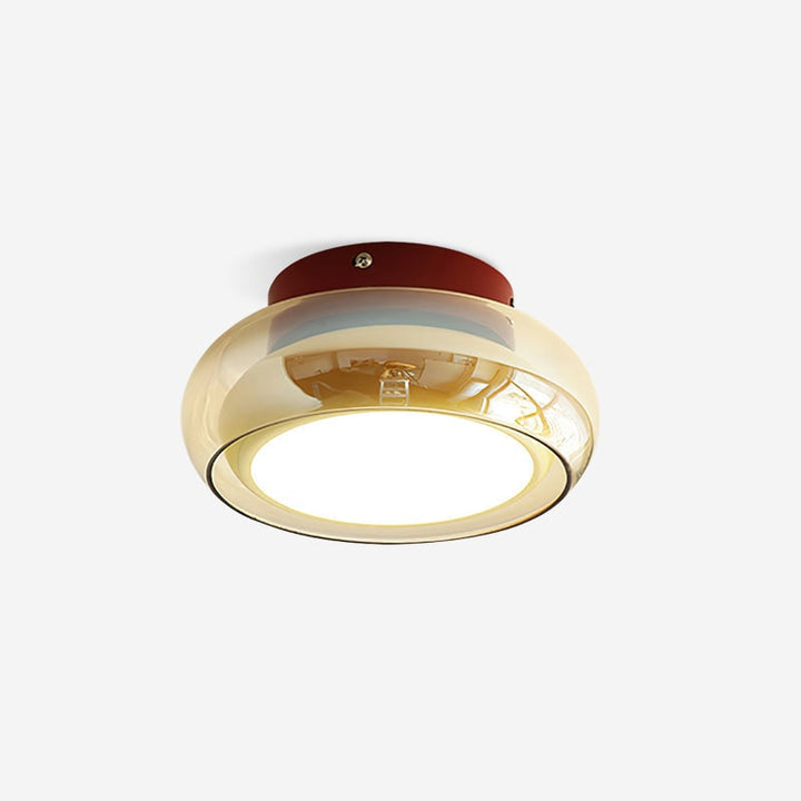 Opbouw plafondlamp met amberkleurige glazen kap en geïntegreerde LED, vintage