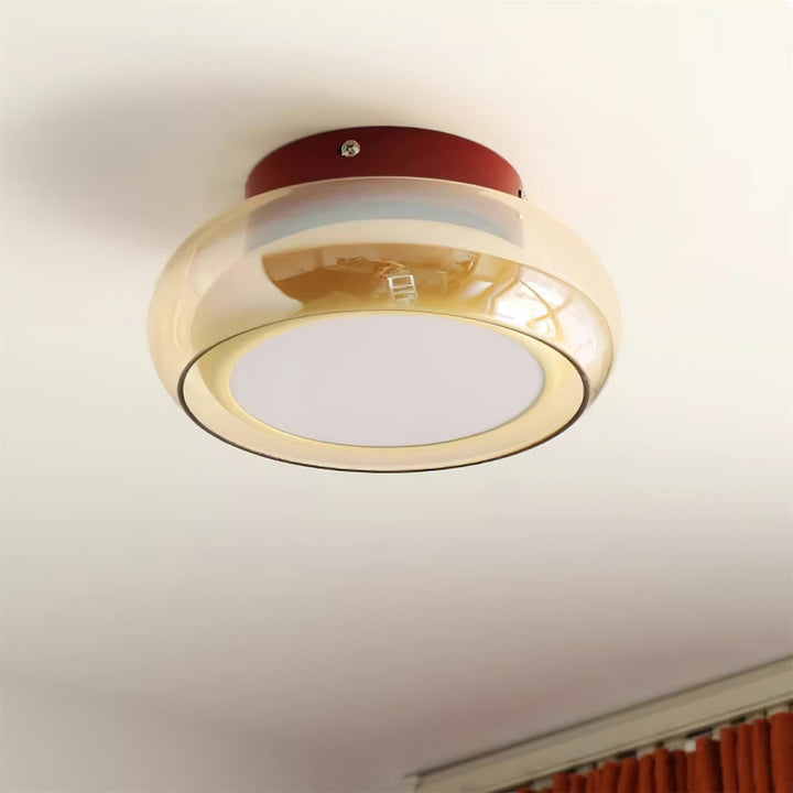 Opbouw plafondlamp met amberkleurige glazen kap en geïntegreerde LED, vintage