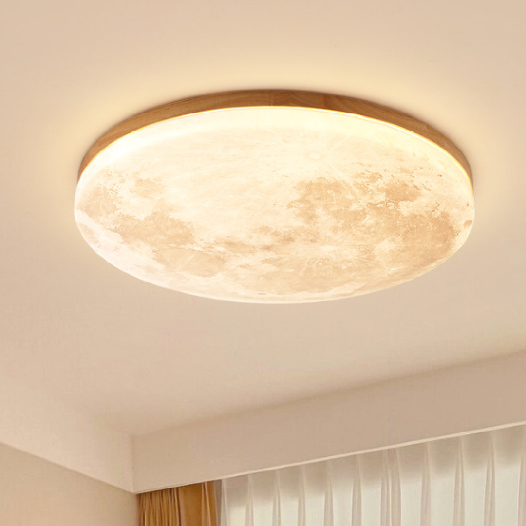 Plafondlamp met maanoppervlakstructuur en houten frame