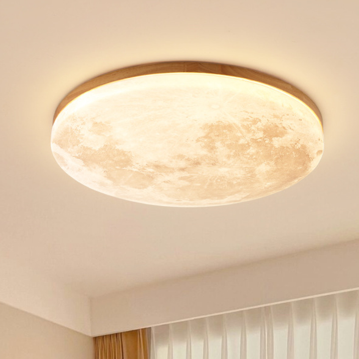 Plafondlamp met maanoppervlakstructuur en houten frame