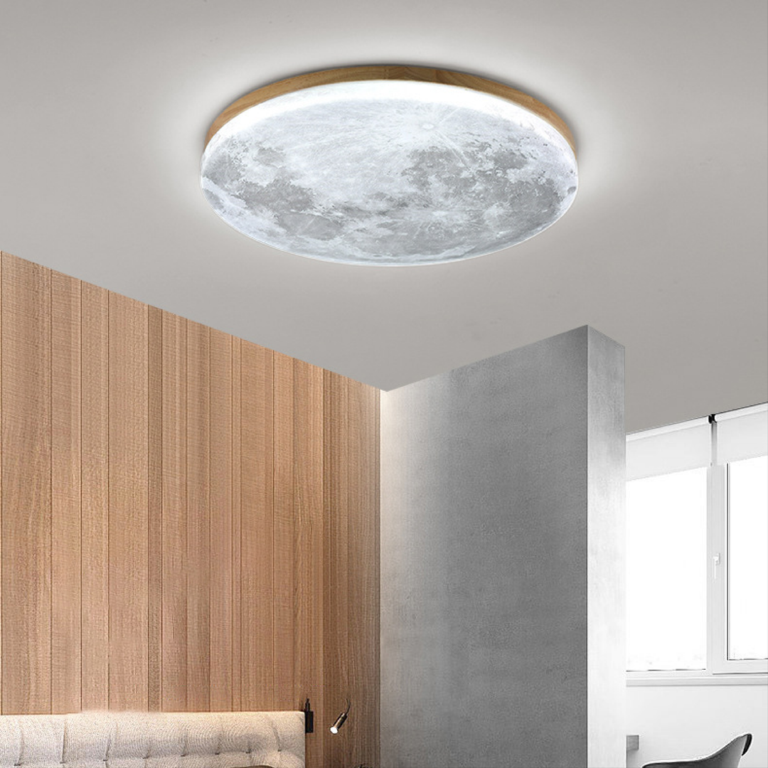 Plafondlamp met maanoppervlakstructuur en houten frame