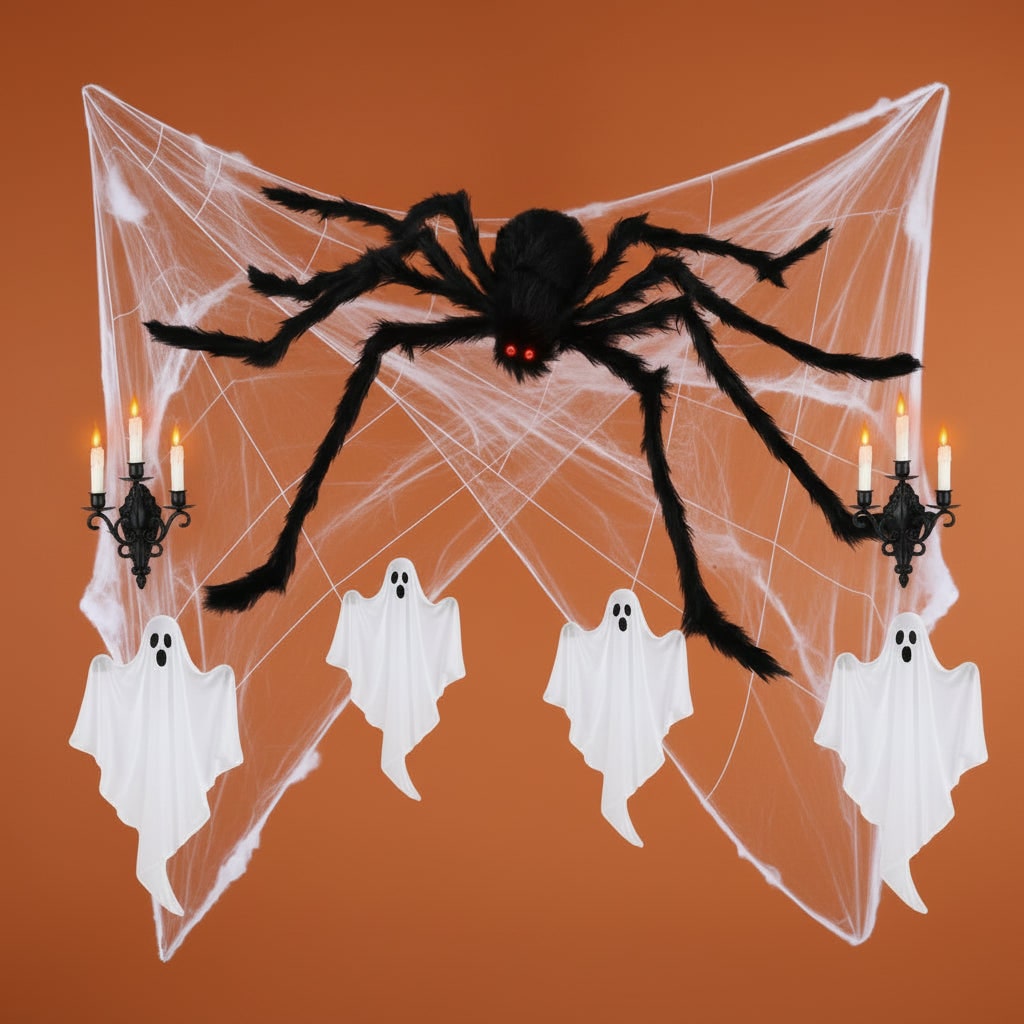 Halloween reuzenspin om te vormen, decoratie met pluizige vacht, rode ogen en rekbaar spinnenweb voor tuin en feest