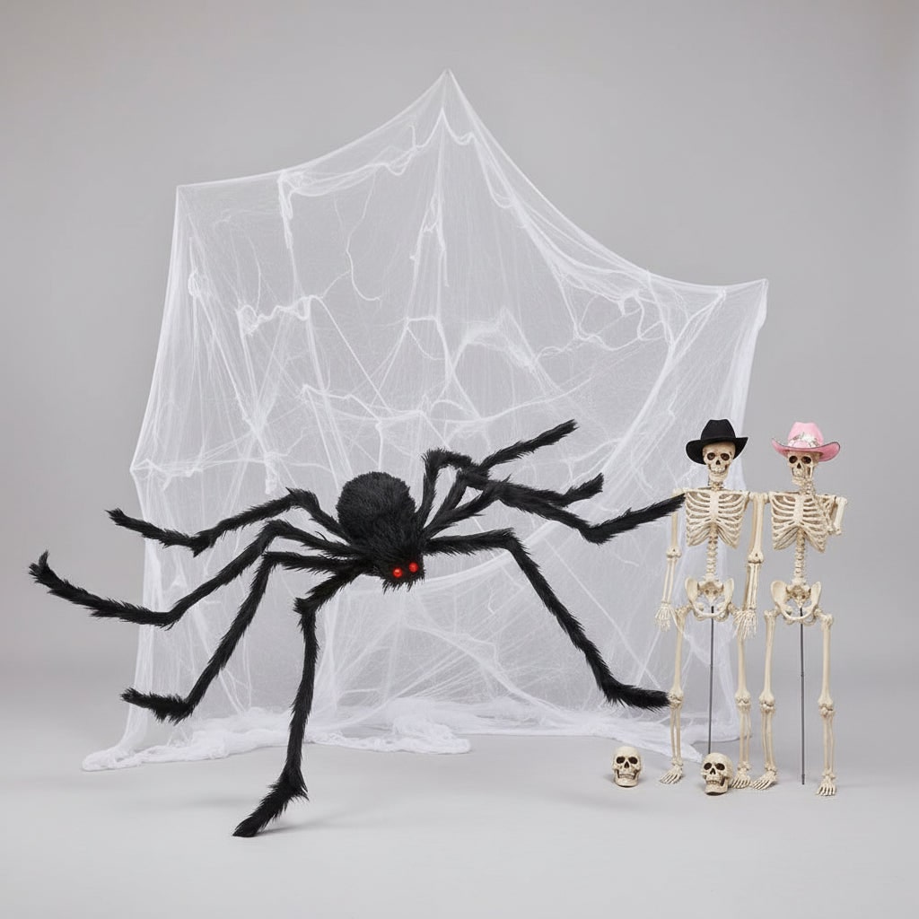 Halloween reuzenspin om te vormen, decoratie met pluizige vacht, rode ogen en rekbaar spinnenweb voor tuin en feest