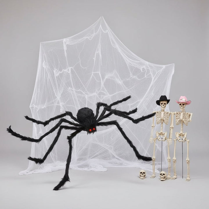 Halloween reuzenspin om te vormen, decoratie met pluizige vacht, rode ogen en rekbaar spinnenweb voor tuin en feest