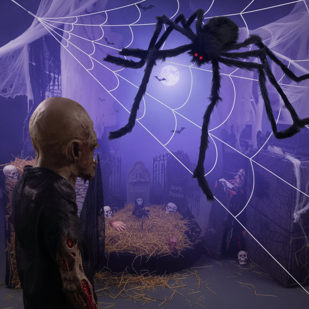 Halloween reuzenspin om te vormen, decoratie met pluizige vacht, rode ogen en rekbaar spinnenweb voor tuin en feest