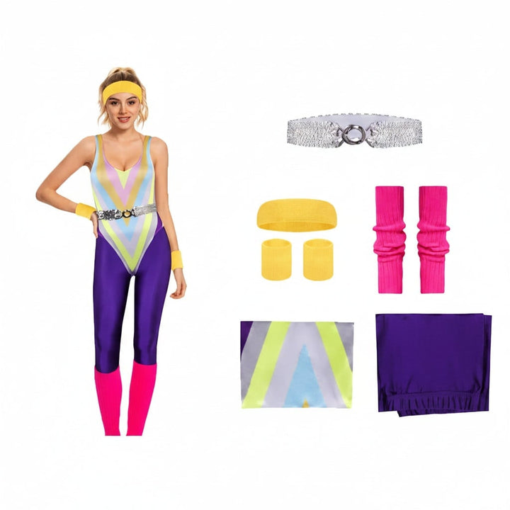 Halloween-outfit voor meisjes in 80s-stijl voor kostuumfeesten: aerobics-workoutset met maillot, legging en beenwarmers